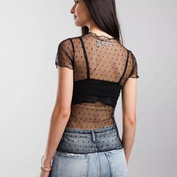 NWOT - SO CUTE - Mock Neck Mesh/Sheer Polka Dot Top XL - Picture 3 of 3